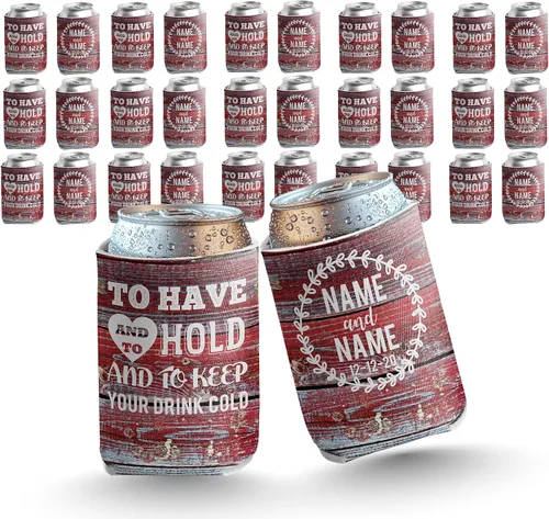 VictoryStore Enfriadores de latas y bebidas: madera de granero roja personalizable "Tener y sostener" rústica, vintage para bodas. Diseño 3 (25)
