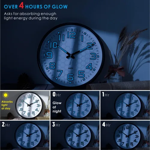 Miniatura 4 de Plumeet Reloj de pared con luz nocturna de 13 pulgadas con función silenciosa y brillante que no hace tictac, funciona con pilas, para el hogar, Luz