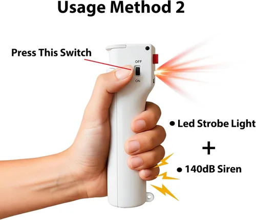 Miniatura 3 de Alarma de seguridad personal 3 en 1 con espray de pimienta, gel de soplado anti viento de 12 pies, tinte de marcado UV, sirena de 140 dB, 3 luces