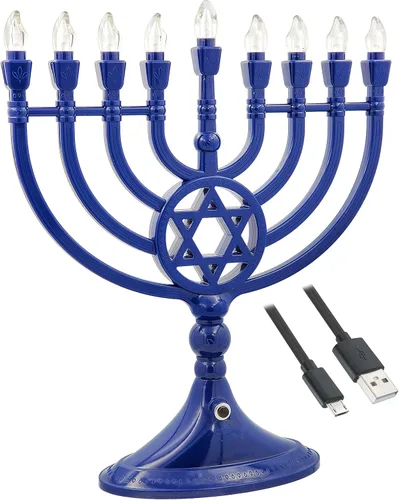 Miniatura 8 de The Dreidel Company Candelabro tradicional LED eléctrico de Hanukkah en oro - Tamaño grande de 13 pulgadas de alto operado con batería o USB - Dorado