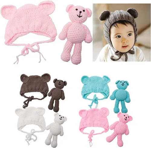 Miniatura 4 de Accesorios para fotografías de bebés recién nacidos, gorro de lana y muñecos de oso Gris
