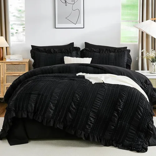 Miniatura 11 de Juego de edredón Queen de WONG BEDDING, edredón blanco y lindo con volantes para cama Queen, juego de 7 piezas en una bolsa, juego de cama