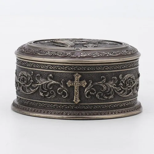 Miniatura 7 de Veronese Design 2 1/2 pulgadas de alto, mano orante, forma ovalada, caja de baratija, escultura de resina bronceada, escultura religiosa
