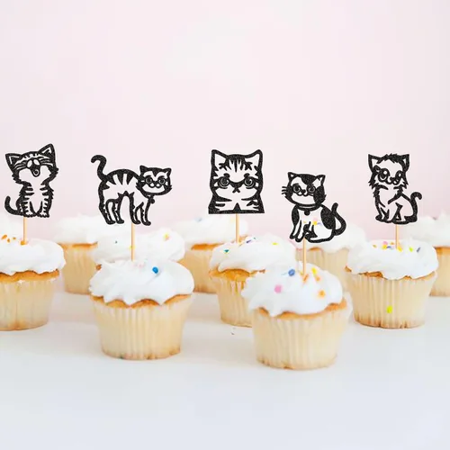 Miniatura 5 de Ercadio Paquete de 25 adornos para magdalenas de gatos, palillos para tartas de gatos negros, selecciones de cupcakes de animales, decoraciones