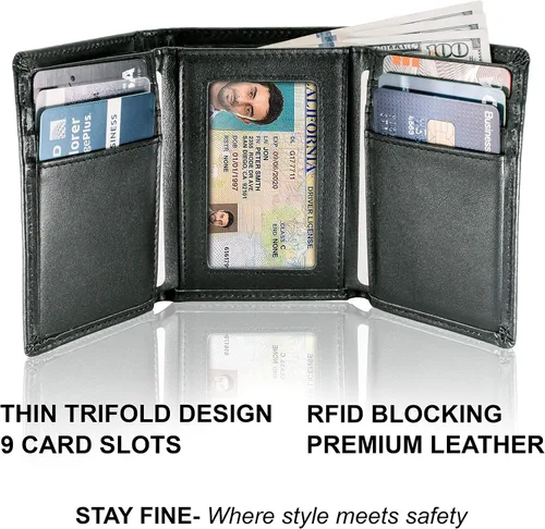 Miniatura 5 de STAY FINE Billetera triple de cuero de grano superior para hombre, costuras ultra fuertes, cuero argentino hecho a mano, bloqueo RFID, billetera
