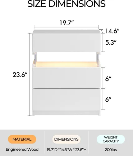 Miniatura 2 de Bingoday Moderna mesita de noche LED con 3 cajones, mesita de noche con luces LED ajustables, mesa auxiliar de almacenamiento grande para Blanco
