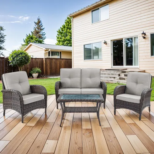 Miniatura 27 de HUMMUH Juego de 2 sillas de mimbre para exteriores, sillas de comedor con respaldo alto y asiento profundo para jardín, porche, patio trasero