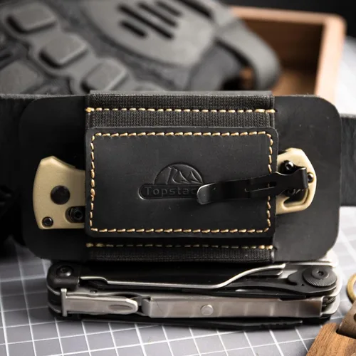 Miniatura 6 de Topstache Funda de cuero de transporte horizontal para cinturón, cuero natural con banda elástica EDC para cuchillos, organizador de bolsillo