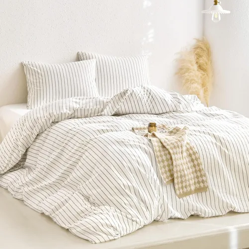 Miniatura 3 de Wake In Cloud - Juego de funda de edredón de algodón a rayas, rayas verticales de cuadro, ropa de cama de percal texturizado 100% de algodón lavado