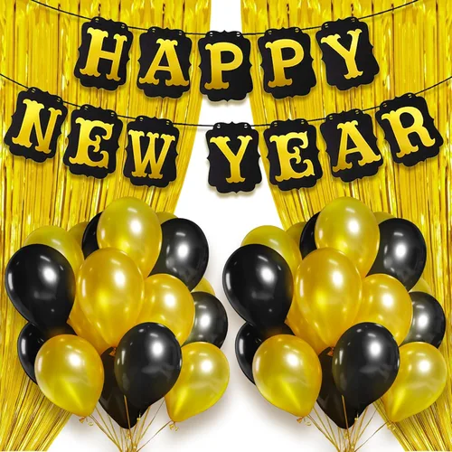 Decoraciones de banners para Año Nuevo, 20 unidades, oro y negro | suministros para fiestas de Año Nuevo | Cortina de tiras de papel dorado con