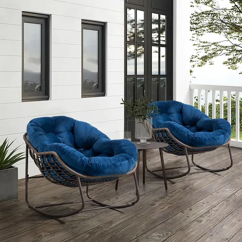 Miniatura 11 de Mecedora para patio al aire libre, cómoda silla mecedora de mimbre con cojín acolchado, silla de ratán de gran tamaño con marco de acero sólido