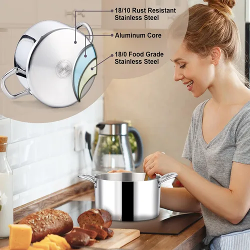 Miniatura 3 de LIANYU Olla de acero inoxidable 18/10 de 6 cuartos con tapa, olla de cocción de sopa resistente de tres capas, olla de cocción de pasta, olla