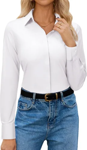 Miniatura 13 de siliteelon Womens Button Down Shirt Stretch Dress Shirt Collared Long Sleeve Hidden-Button Work Shirt Wrinkle-Free Blouse