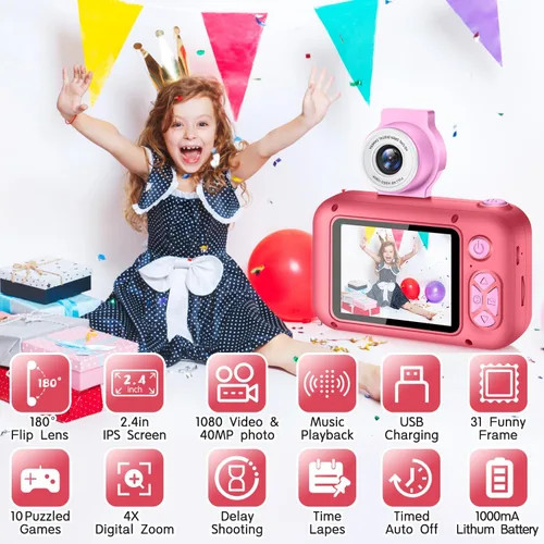 Miniatura 3 de ARNSSIEN Cámara para niños, cámara digital de juguete para niños pequeños con lente abatible de 180°, pantalla IPS de 2.4 pulgadas, tarjeta de 32