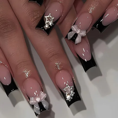 Miniatura 10 de Lindas uñas a presión de tamaño mediano - Uñas falsas cuadradas con punta francesa, uñas acrílicas rojas de cobertura completa brillantes