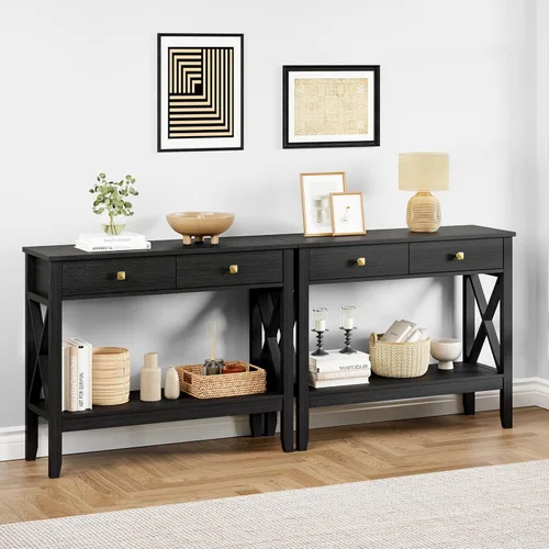 Miniatura 6 de Lomojo Mesa consola, mesa de sofá de 13.8 pulgadas de profundidad x 39.37 pulgadas de ancho x 31.5 pulgadas, mesa de entrada con 2 cajones, estante