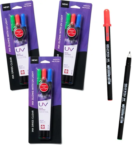 SAKURA Gelly Roll - Bolígrafo UV con tinta invisible de gel UV, con linterna de llavero, para arte o dibujo, rojo, verde y azul, 9 bolígrafos, 3