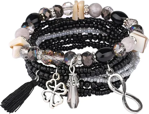 Miniatura 6 de iYours 6 juegos de pulseras bohemias multicapa con borlas hechas a mano, pulseras envolventes para mujer, Sin gemas.