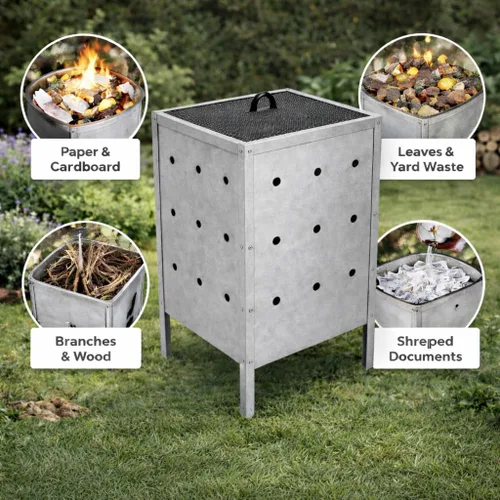 Miniatura 3 de Bote de basura con barril de combustión, hoguera de metal galvanizado resistente para uso en casa y jardín, ideal para papel, basura, desechos al