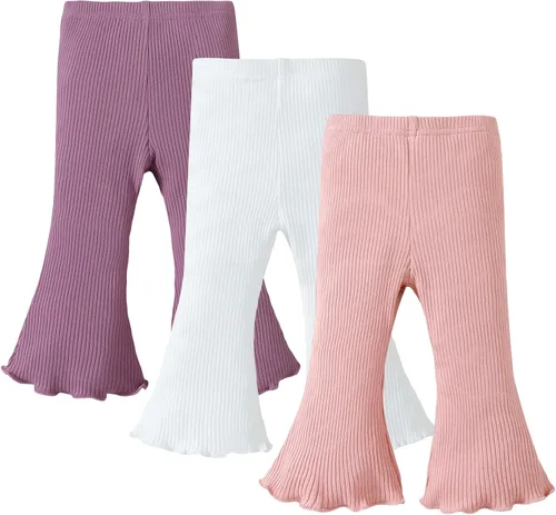 SOBOWO Pantalones acampanados para bebé, paquete de 3 unidades para niña pequeña, color liso, acanalado, con volantes, pantalones acampanados,