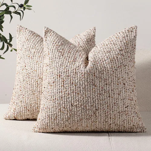 DEZENE Juego de 2 fundas de almohada a rayas de 16 x 16 pulgadas, color beige texturizado, boucle chic Morden, decoración de estilo bohemio,