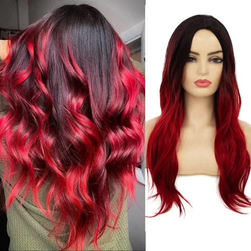 Miniatura 10 de Peluca larga rizada ondulada roja para mujer, raya lateral, aspecto natural, fibra sintética para cosplay, resistente al calor, cabello de reemplazo