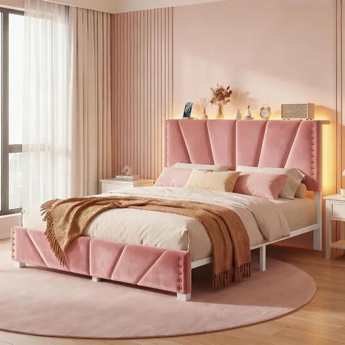 Miniatura 23 de EnHomee Base de cama de plataforma individual con cabecera ajustable tapizada de terciopelo, luces LED y estación de carga para dormitorio, Beige