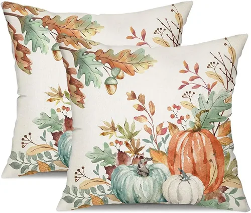 Miniatura 12 de DFXSZ Fundas de almohada de otoño de 16 x 16 pulgadas, juego de 2 fundas decorativas de otoño de hojas caídas de calabaza en acuarela azul y verde