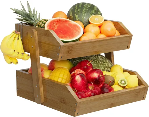 Miniatura 13 de Cesta de frutas de bambú de 2 niveles para encimera de cocina, encimera de almacenamiento de frutas de gran capacidad, soporte para frutas