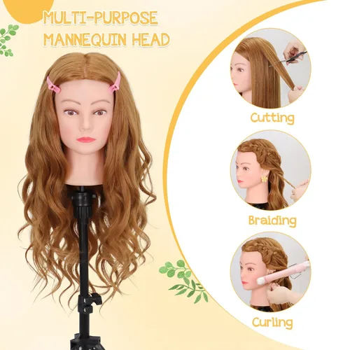 Miniatura 3 de Cabeza de maniquí con 80% de cabello humano de 26-28 pulgadas, cabeza de práctica de maniquí de cosmetología con cabello humano, cabeza de muñeca