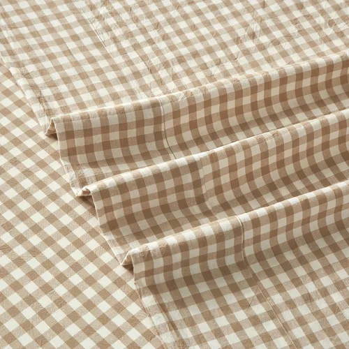 Miniatura 9 de LifeTB Tan Gingham - Juego de sábanas tamaño matrimonial, transpirables, suaves, color beige, gris topo, sábanas a cuadros 100% algodón lavado