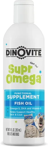 Dinovite SuprOmega Aceite de pescado para perros y gatos – Vitamina E y Omega 3 – Salud de la piel y el pelaje para perros y gatos – 8 onzas