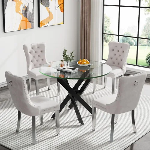Miniatura 10 de Juego de 4 mesas de comedor redondas de vidrio para 4, juego de mesa de cocina pequeña para 4, mesa redonda de vidrio de 35 pulgadas, juego de 4