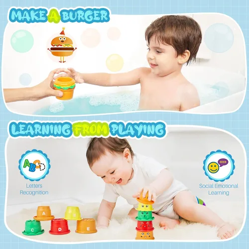 Miniatura 3 de EKU Juguetes de Baño de Hipopótamo para Niños de 18 meses+ Niños Pequeños con Vasos Apilables de Hamburguesa Pato Nadador Cangrejo Juguetes de Juego