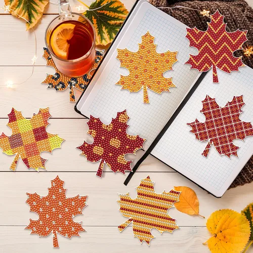 Miniatura 2 de FairySandy Juego de 10 posavasos de pintura de diamantes con tema de hoja de arce de otoño para Acción de Gracias con soporte, kits de posavasos