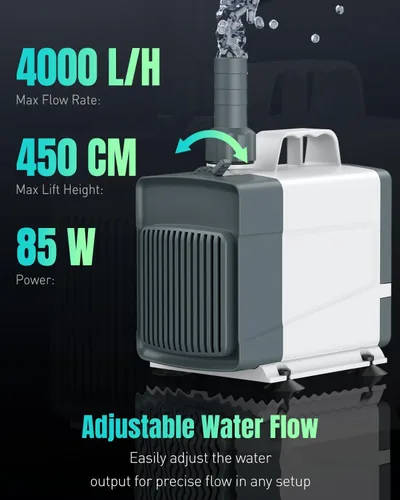 Miniatura 2 de Pawfly Bomba de fuente de 1060 GPH, bomba de agua sumergible de 85 W con elevación alta de 14.8 pies y 3 boquillas, bomba de fuente de agua