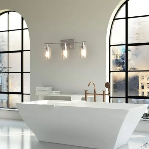 Miniatura 2 de Tangkula Lámparas de tocador de baño de 3 luces, apliques de pared modernos con pantalla de vidrio transparente con base E26, iluminación de pared