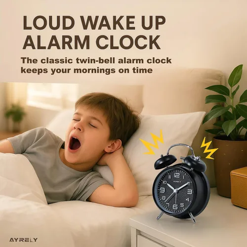 Miniatura 3 de AYRELY® Reloj despertador de campana doble súper fuerte para adultos de sueño pesado, 4 pulgadas, retro, silencioso, sin tictac, con luz nocturna