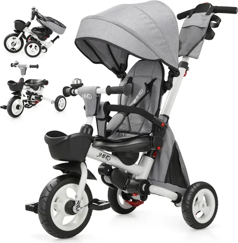 Miniatura 10 de JMMD Cochecito de triciclo 8 en 1 con asa de empuje, triciclo plegable con asiento giratorio de 360°, respaldo reclinable, ruedas todo terreno, Azul
