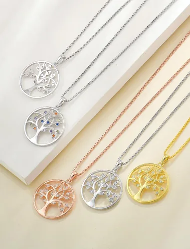 Miniatura 5 de YL - Collar con dije de árbol de la vida de plata esterlina con piedras preciosas y chapado en oro blancorosado