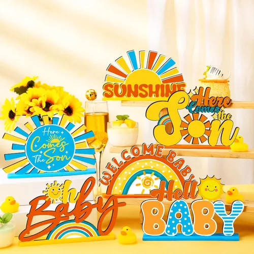 Miniatura 3 de Threehoney 6 piezas Here Comes the Son - Decoraciones de baby shower, centro de mesa retro bohemio para decoración de mesa de madera, decoración