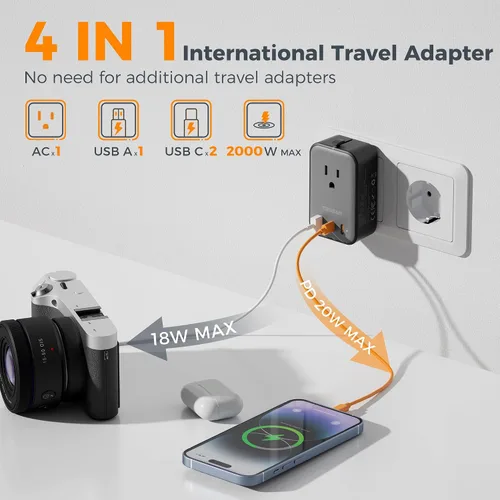 Miniatura 4 de TESSAN Adaptador de viaje 009, PD 20 W, adaptador de corriente universal 2 USB C 1 USB A, adaptador de enchufe internacional ultrafino, salida Negro