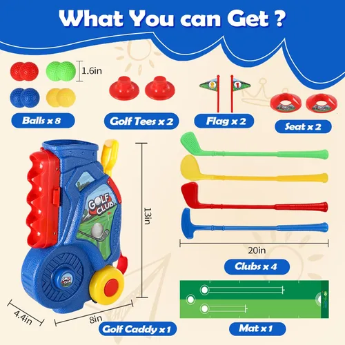Miniatura 8 de SUPER JOY Juego de Golf para Niños Pequeños con Alfombra, Carrito de Golf para Niños con 4 Palos y 8 Pelotas, Juguetes de Golf