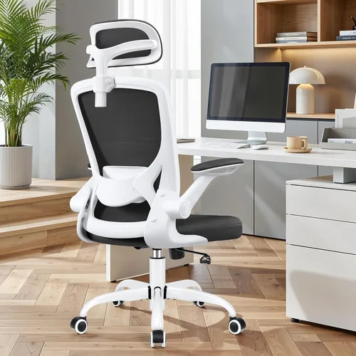 Miniatura 12 de BESTFAIR Silla de oficina ergonómica, sillas de oficina de malla transpirable con soporte lumbar ajustable, brazos abatibles, silla de escritorio