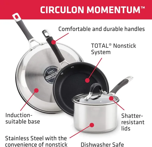 Miniatura 6 de Circulon Momentum - Sartén de acero inoxidable con tapa, 2 cuartos de galón, color plateado