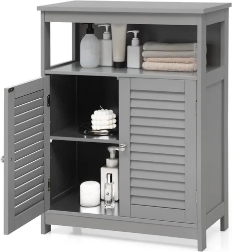 Miniatura 10 de COSTWAY Armario de almacenamiento para baño, organizador de almacenamiento lateral de madera con puertas de rejilla y estante extraíble, gabinete