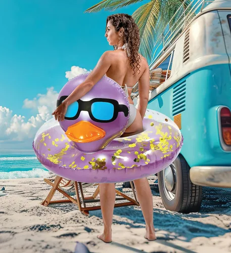 Miniatura 4 de POZA Flotador inflable de pato para piscina: vinilo resistente a los rayos UV, confeti de pato para piscina, flotador de piscina de animales, anillo