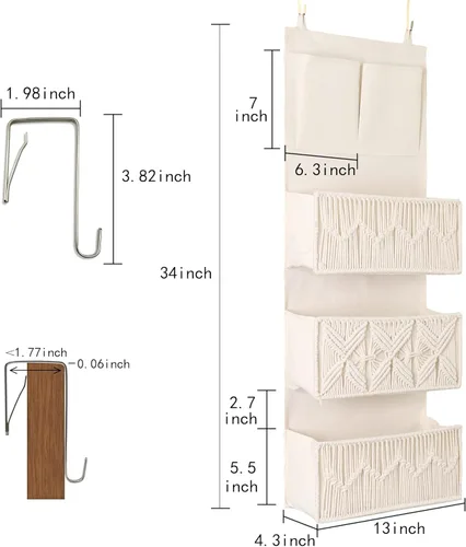 Miniatura 2 de FEILANDUO Organizador de armario de macramé bohemio con 3 bolsillos grandes tejidos detrás de la puerta organizador para guardería, despensa, baño