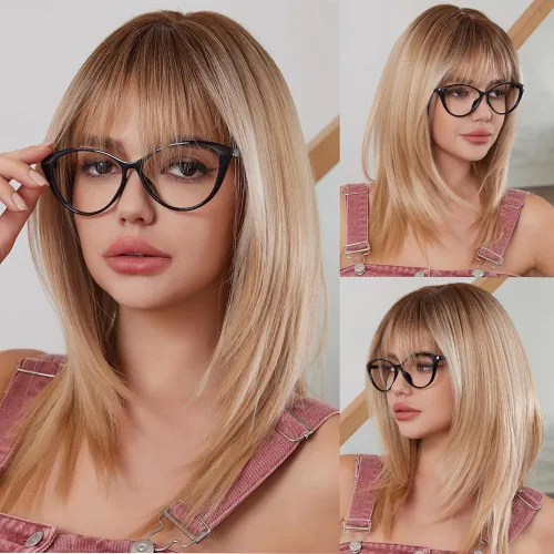 Miniatura 20 de Pelucas rubias cenizas para mujer, peluca larga recta en capas con flequillo, cabello sintético natural con raíces oscuras