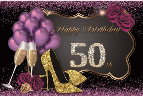 Yeele Telón de fondo de feliz cumpleaños 50 de 10 x 8 pies, color champán, zapatos de tacón alto, rosas moradas, globos para decoración de fiesta,